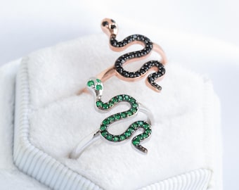 Snake Ring, Adjustable Serpent Ring in Gold, Sterling Silver & Rose Gold with Emerald, Ruby, Black and Diamond Cz, Gift for Women