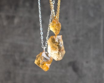 Citrine Necklace, Raw Crystal Necklace, November Birthstone Jewelry, Birthday Gifts for Women in Sterling Silver and Gold