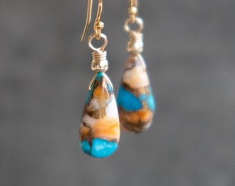 Oyster Copper Turquoise Earrings, December Birthstone Gifts for Women, Turquoise Drop Earrings, Spiny Oyster Turquoise Jewelry