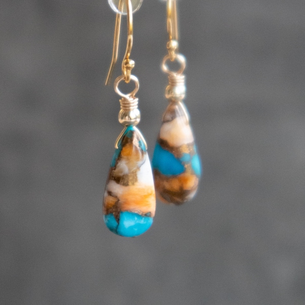 Oyster Copper Turquoise Earrings, December Birthstone Gifts for Women, Turquoise Drop Earrings, Spiny Oyster Turquoise Jewelry