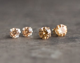 CZ Champagne Diamond Earrings Studs Gold & Silver, Topaz Stud Earrings, Cubic Zirconia Studs, Bridesmaid Gifts for Women