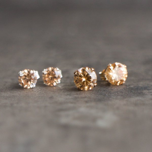 CZ Champagne Diamond Earrings Studs Gold & Silver, Topaz Stud Earrings, Cubic Zirconia Studs, Bridesmaid Gifts for Women