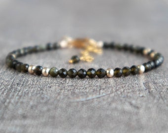 Gold Sheen Obsidian Bracelet, Handmade Jewelry, Golden Obsidian Crystal Protection Bracelet, Adjustable Healing Bracelets for Women