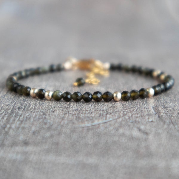 Gold Sheen Obsidian Bracelet, Handmade Jewelry, Golden Obsidian Crystal Protection Bracelet, Adjustable Healing Bracelets for Women