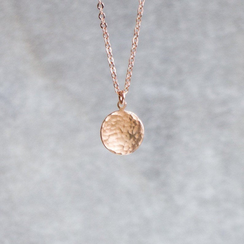 Rose Gold Pendant Necklace, Minimalist Coin Necklace, Hammered Disc Necklaces for Women, Simple Rose Gold Jewelry, Gifts for Her image 1