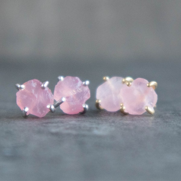 Rose Quartz Raw Crystal Earrings Studs in Gold & Sterling Silver, Gemstone Earrings, Raw Rose Quartz Jewelry, Gifts for Women