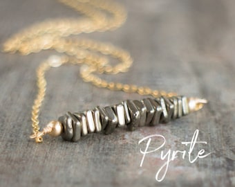 Pyrite Necklace, Bridesmaid Gifts, Gemstone Bar Necklace, Fools Gold Necklace, Pyrite Jewelry, Gift for Girlfriend, Crystal Necklace