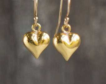 Gold Heart Drop Earrings, Valentines Gift for Her, Puffy Heart Dangle Earrings for Women in Gold & Rose Gold