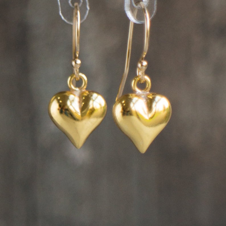 Gold Heart Drop Earrings, Valentines Gift for Her, Puffy Heart Dangle Earrings for Women in Gold & Rose Gold Gold