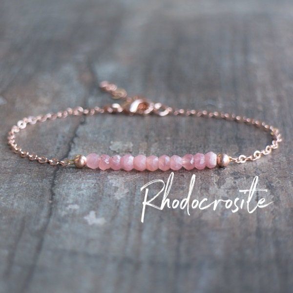 Rhodochrosite Bracelet, Dainty Healing Bracelet, Bridesmaid Gifts, Gift for Girlfriend, Gemstone Jewelry, Rose Gold Bracelet