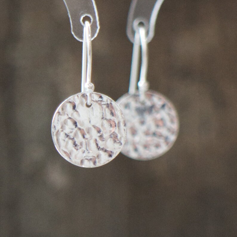 Hammered Circle Silver Earrings, Hammered Disks Sterling Silver Drop Earrings, Hammered Silver Disc Dangle Earrings image 10