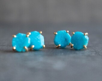 Turquoise Raw Stone Earrings, Crystal Earrings Studs, December Birthstone Gifts for Her, Turquoise Jewellery for Women