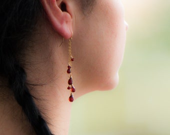 Garnet Dangle Earrings, Gemstone Drop Earrings, Red Garnet Jewelry in Gold, Silver & Rose Gold, January Birthstone