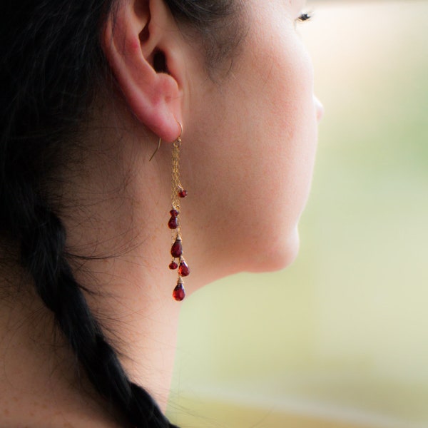 Garnet Dangle Earrings, Gemstone Drop Earrings, Red Garnet Jewelry in Gold, Silver & Rose Gold, January Birthstone