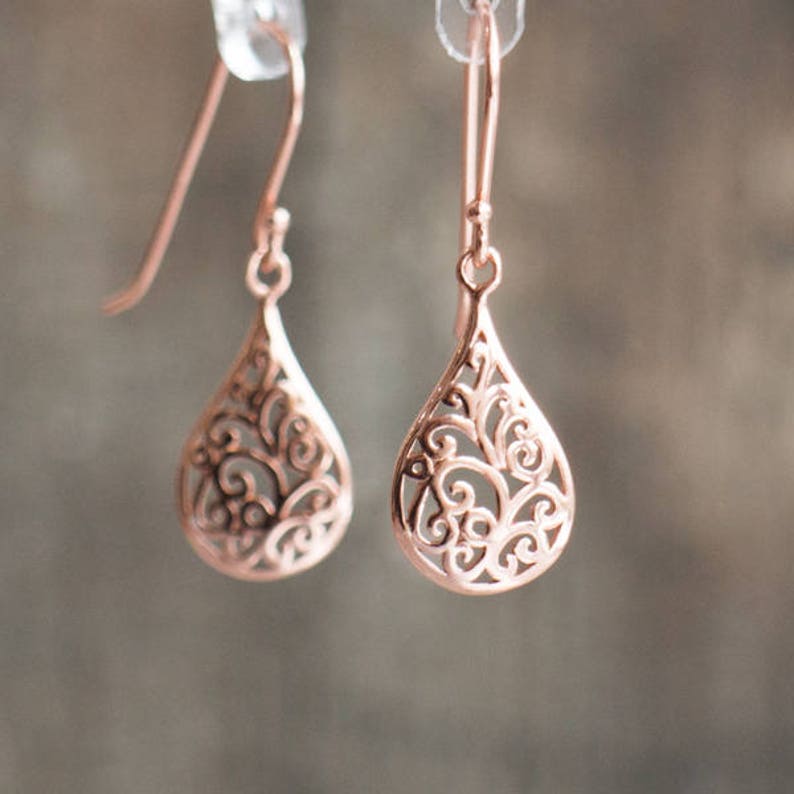 Rose Gold Earrings Dangle, Filigree Earrings, Small Tear Drop Earrings, Gifts for Women Under 30, Rose Gold Jewelry image 7