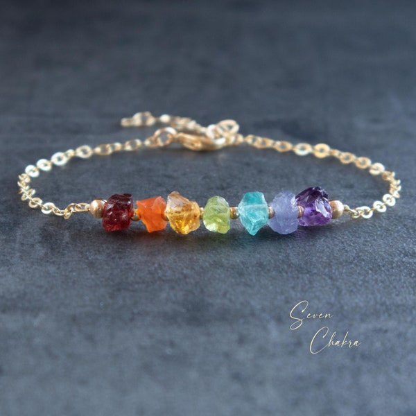 Chakra Bracelet, Real Stones 7 Chakra Raw Crystal Bracelets for Women, Handmade Gifts For Her, Rainbow Chakra Jewelry