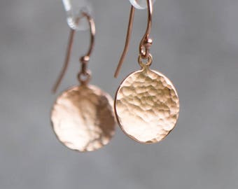 Rose Gold Earrings, Hammered Rose Gold Drop Earrings, Rose Gold Dangle Earrings, Disc Earrings, Simple Earrings, Gifts Under 30 for Women