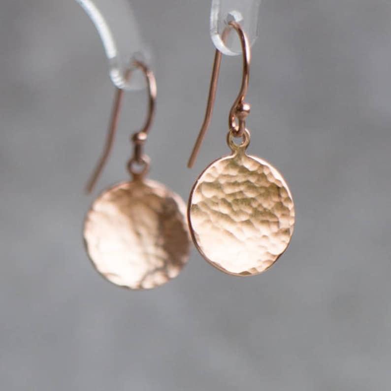 Rose Gold Earrings, Hammered Rose Gold Drop Earrings, Rose Gold Dangle Earrings, Disc Earrings, Simple Earrings, Gifts Under 30 for Women image 1