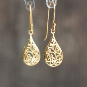 Gold Drop Earrings, Dainty Filigree Earrings, Teardrop Gold Dangle Earrings for Women, Gift for Her image 6