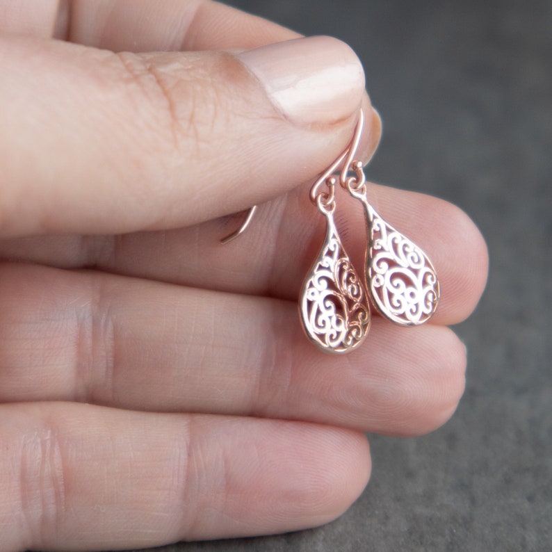 Rose Gold Earrings Dangle, Filigree Earrings, Small Tear Drop Earrings, Gifts for Women Under 30, Rose Gold Jewelry image 3