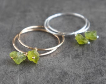 Raw Peridot Earrings, Gemstone Hoop Earrings in  Sterling Silver & Gold, Raw Crystal Hoops, August Birthstone Jewelry, Gifts for Women