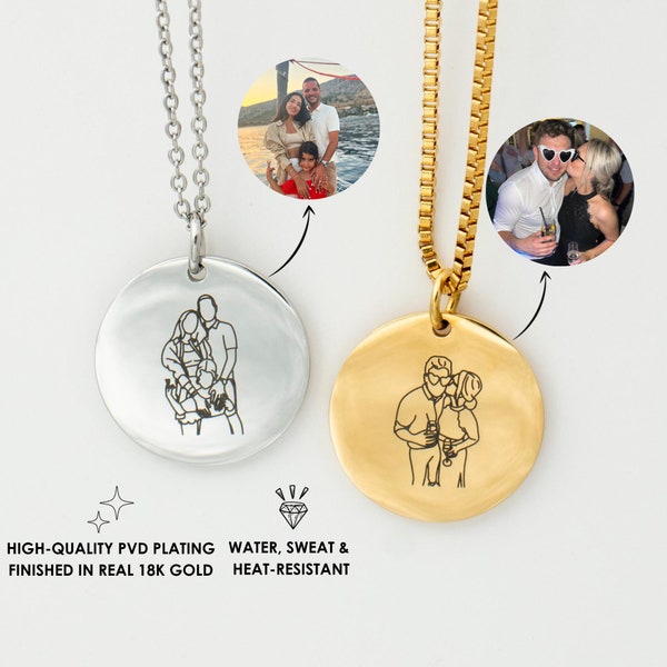 Engraved Photo Necklace, Portrait Line Art Drawing Necklace for Men & Women, Personalised Gifts