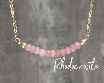 Rhodochrosite Necklace, Girlfriend Gift for Her, Pink Necklace, Rhodochrosite Jewelry, Gemstone Bar Necklace, Heart Chakra Necklace