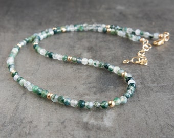 Moss Agate Necklace, Beaded Gemstone Choker Necklaces for Women, Moss Agate Crystal Jewelry, Gifts for Her