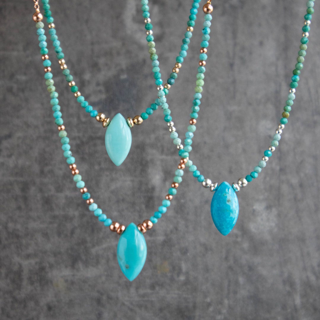 Turquoise Bead Necklace, Boho Style Turquoise Pendant Necklace in Gold ...
