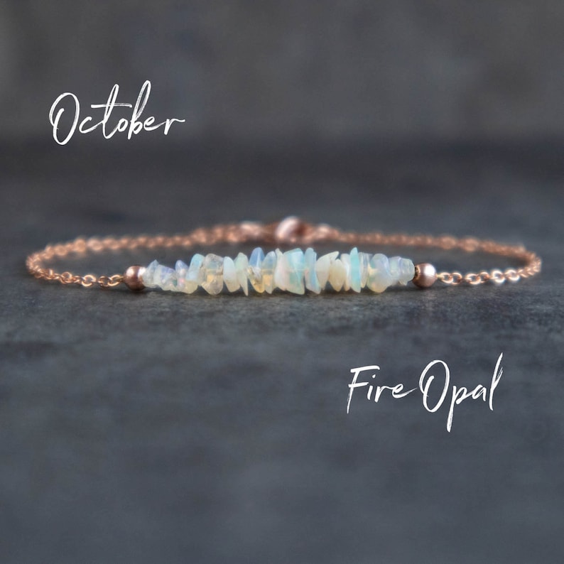 Raw Opal Bracelet, Fire Opal Bracelet, White Opal Bracelet, Opal Jewelry, October Birthstone Bracelet, Birthday Gifts for Her, Rose Gold 