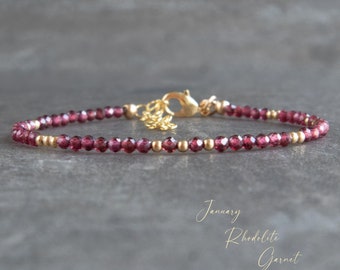 Rhodolite Pink Garnet Bracelet, Dainty Bead Bracelets for Women, January Birthstone Gifts for Her