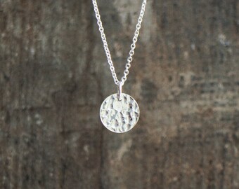 Silver Disc Necklace, Minimalist Silver Necklace, Girlfriend Gift for Her, Sterling Silver Pendant, Hammered Disc Necklace, Silver Jewellery