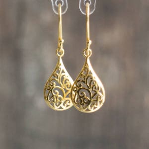 Gold Drop Earrings, Dainty Filigree Earrings, Teardrop Gold Dangle Earrings for Women, Gift for Her image 9