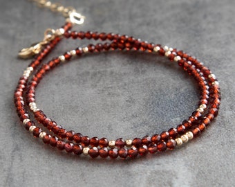 Garnet Necklace, Beaded Gemstone Choker, Garnet Jewelry, Gifts for Women in Gold & Sterling Silver, January Birthstone