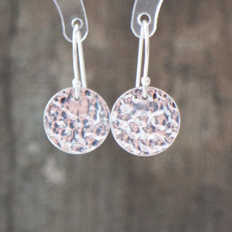 Hammered Circle Silver Earrings, Hammered Disks Sterling Silver Drop Earrings, Hammered Silver Disc Dangle Earrings image 8