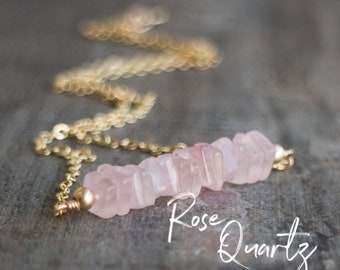 Rose Quartz Necklace, Pink Quartz Necklace, Rose Quartz Bar Necklace, Girlfriend Gifts, Quartz Jewelry, Healing Necklace, Heart Chakra