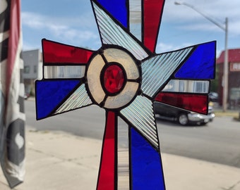Patriotic Cross, America,Jesus,USA, start bed glass sun catcher, small panel, hanging, Red, White and Blue
