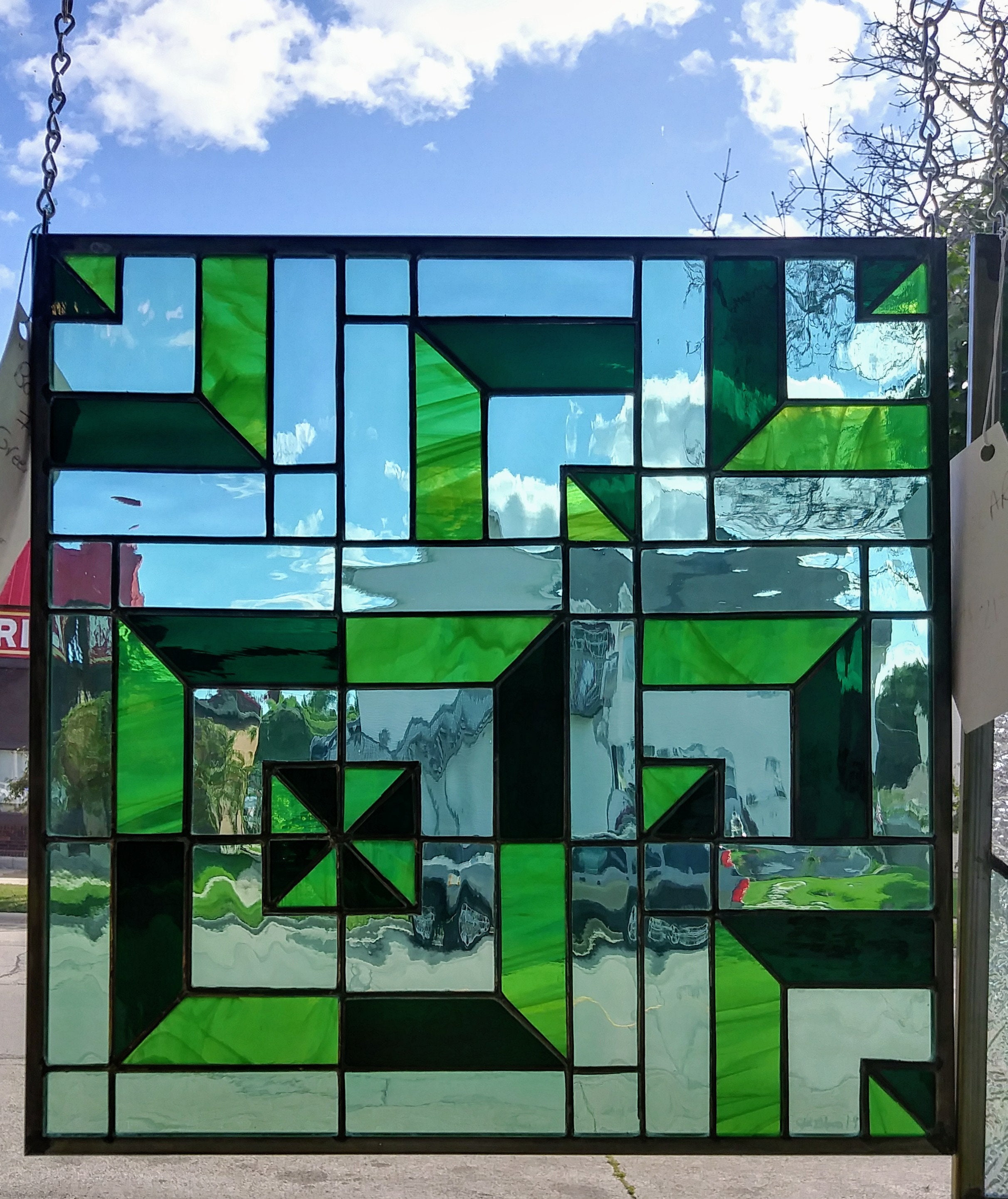 Boxed in Green Stained Glass Window Panel Etsy