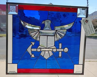 Panneau de vitrail en kit biseauté de l'US Navy. Patriotique, bleu marine, américain, rouge, blanc, bleu, couleurs du drapeau, marin,
