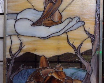 Adam and Eve large stained glass window panel. 12" by 17"