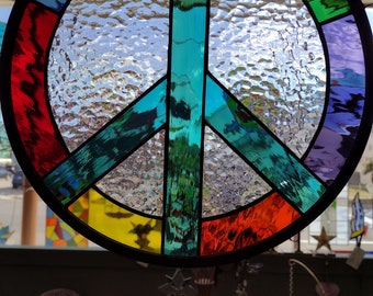 Stained glass peace sign panel. Hippie, colorful, 70's, rainbow, peace, pride, lgbtq, God's Rainbow,7 colors