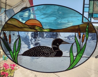 Loon on the Lake large stained glass panel, aquatic, bird, loon, seaside, Green Bay, lake Michigan, nautical, beach side, shoreline, peace