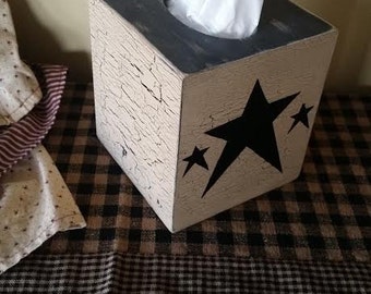 primitive wood tissue box black star country cracked