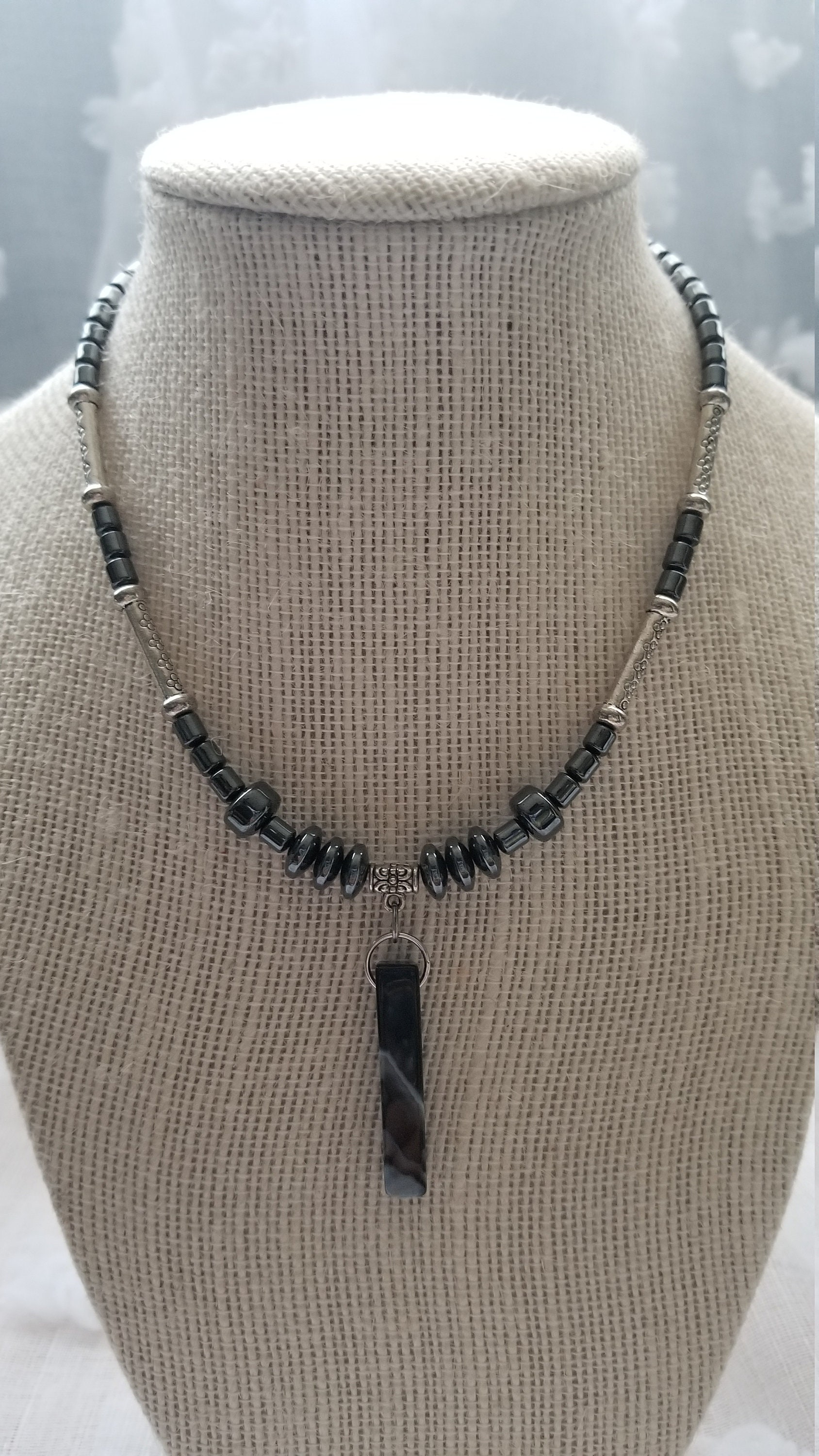 Black Stone pendant necklace/ Unisex industrial necklace Etsy