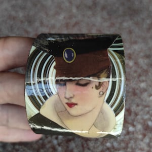 Cardboard cuff bracelet portrait of a woman in an art deco hat cut-out paper collage with snake jewelry REBECCA image 1