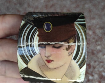 Cardboard cuff bracelet portrait of a woman in an art deco hat cut-out paper collage with snake jewelry "REBECCA"