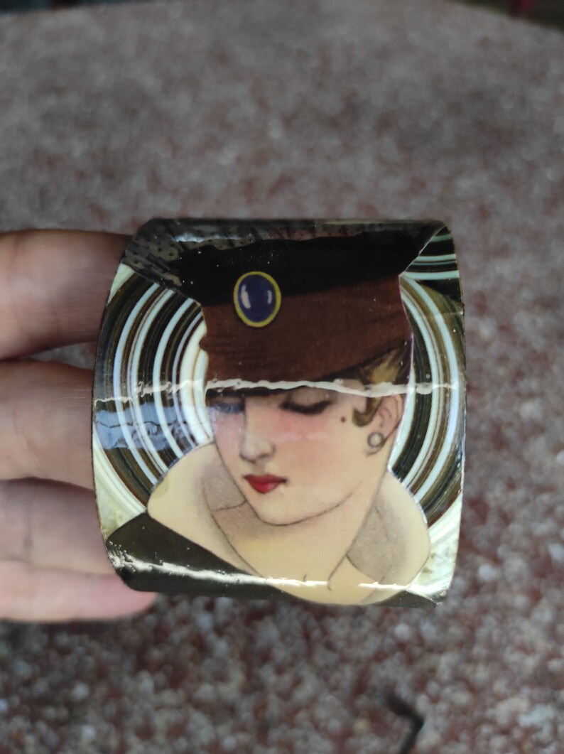 Cardboard cuff bracelet portrait of a woman in an art deco hat cut-out paper collage with snake jewelry REBECCA image 1