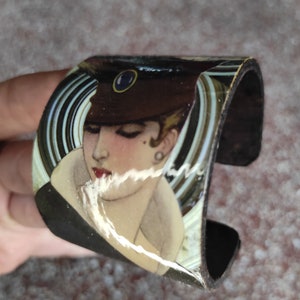 Cardboard cuff bracelet portrait of a woman in an art deco hat cut-out paper collage with snake jewelry REBECCA image 5