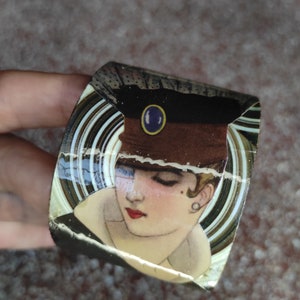 Cardboard cuff bracelet portrait of a woman in an art deco hat cut-out paper collage with snake jewelry REBECCA image 6