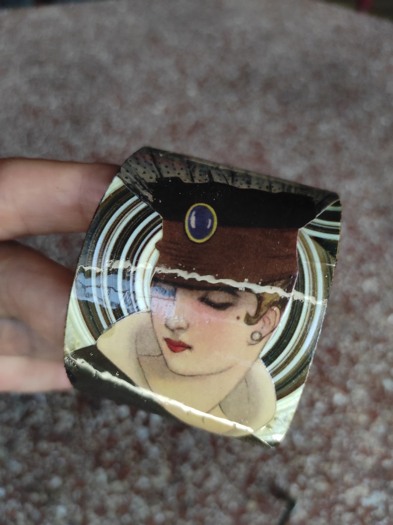 Cardboard cuff bracelet portrait of a woman in an art deco hat cut-out paper collage with snake jewelry REBECCA image 6